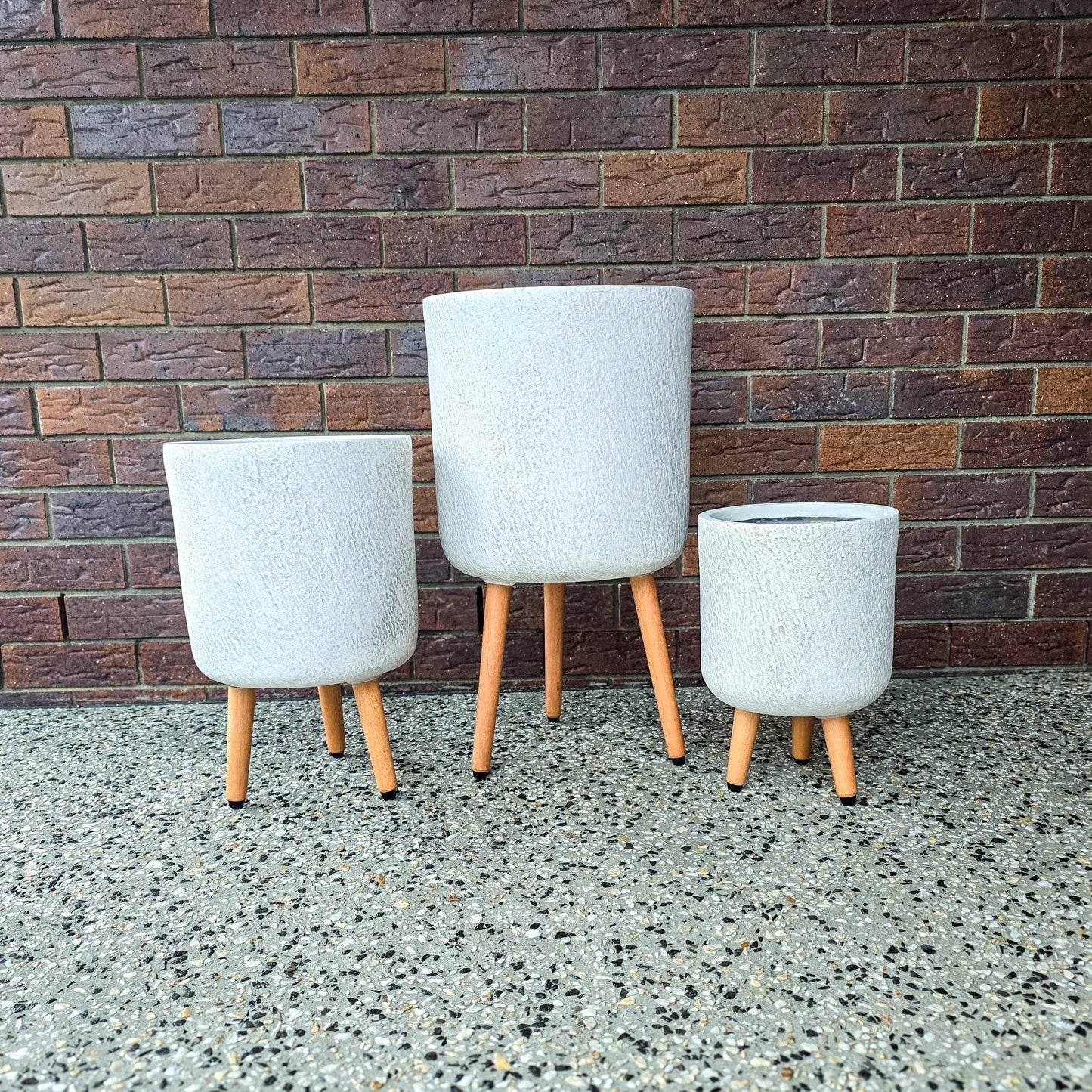 Slate Tripod Pot set with stone-look textured fibreclay and timber legs for indoor and covered outdoor use