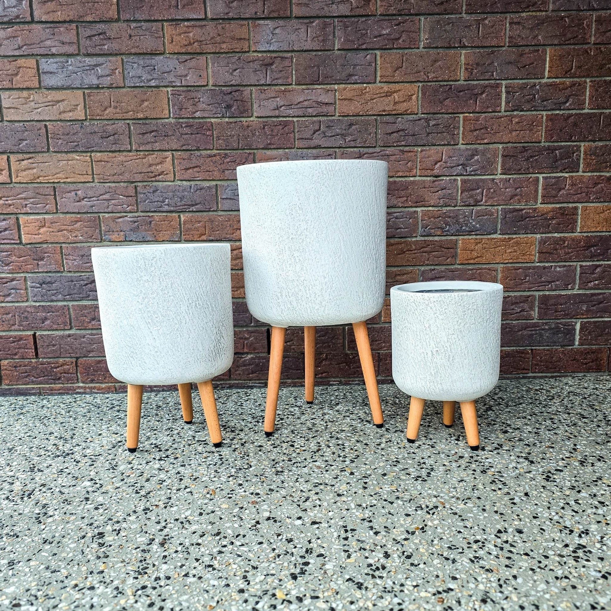 Slate Tripod Pot set with stone-look textured fibreclay and timber legs for indoor and covered outdoor use